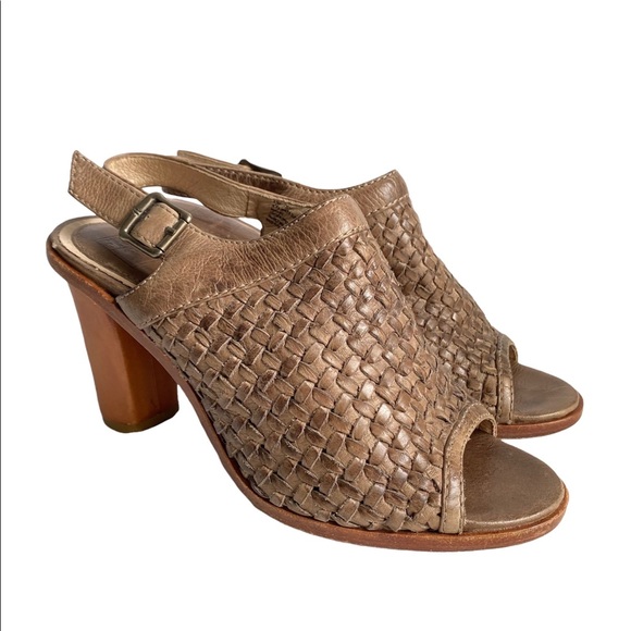 FRYE Sofia Woven Leather Slingback Sandals Stacked Chunky Heel Brown Womens 8.5 - Picture 1 of 10